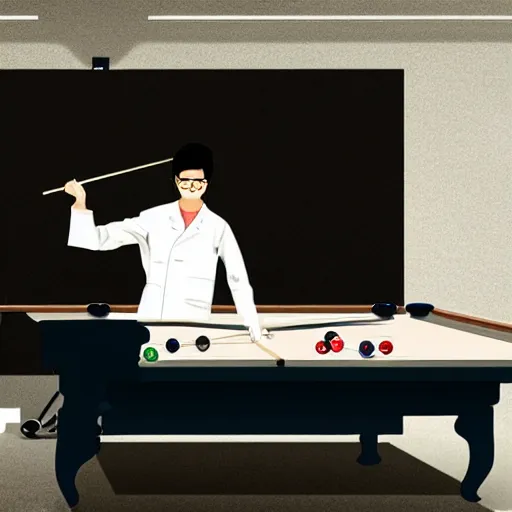 Image similar to young male asian scientist in white coat playing the Billiards,trending on artstation,digital art.