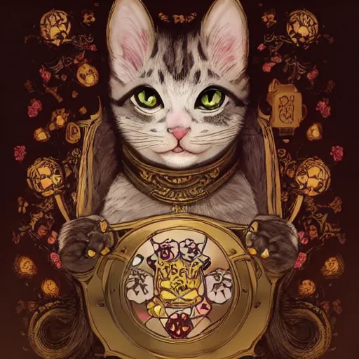 Image similar to A heraldic queen kitty cat with big cute eyes and her paw raised like a maneki-neko and flowers around, D&D, fantasy, intricate, cinematic lighting, highly detailed, digital painting, artstation, concept art, smooth, sharp focus, illustration, art by Akihiko Yoshida, Greg Rutkowski and Alphonse Mucha