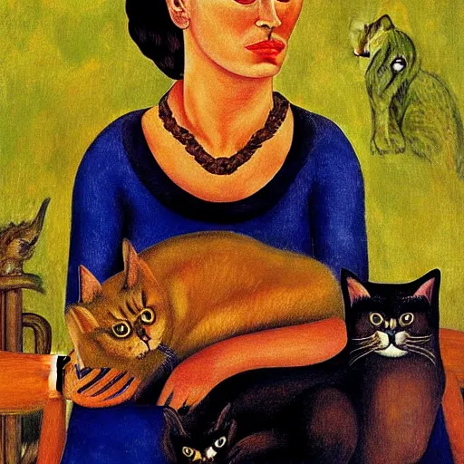 Prompt: a woman and a cat by a fire by frida kahlo