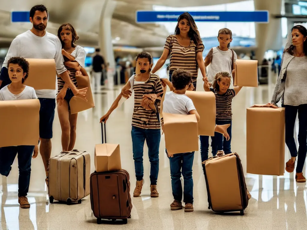 Image similar to a perfect abstract sculpture of a family going on a package holiday, wrapped in brown paper, hurrying through airport security as if they had not a care in the world. as they leave behind a wake of destruction in their suburban paradise.