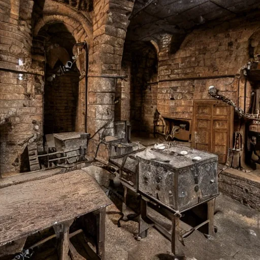 Image similar to an old medieval dungeon with rusty mechanical equipment,