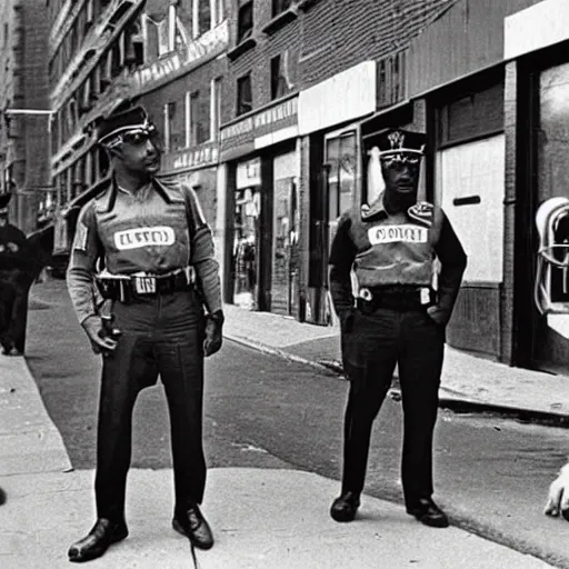 Image similar to paw patrol as cops in new york city, old historical photograph, 1 9 6 5, on the streets of harlem, artistic, gritty, heroic