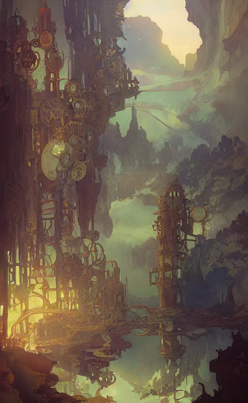 Prompt: A beautiful landscape painting of steampunk landscape by Alfons Maria Mucha and Julie Dillon and Makoto Shinkai