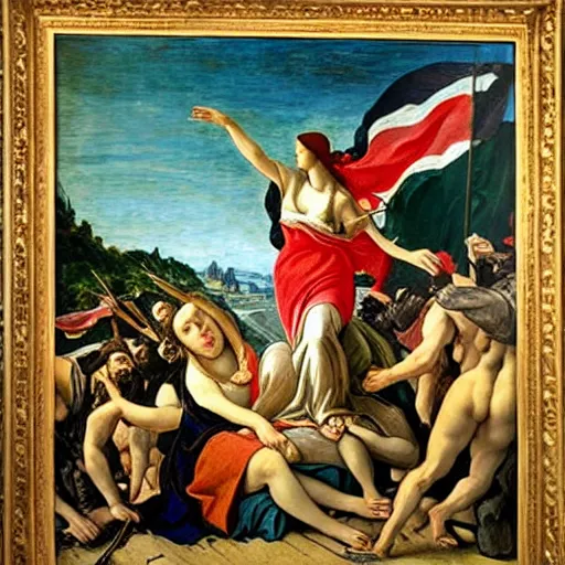 Image similar to liberty guiding the people by delacroix in the style of a masterpiece by botticelli, crips details, featured in artscape