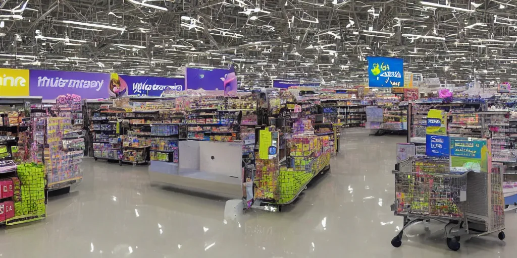 Prompt: WalMart in 3022, futuristic, sci-fi