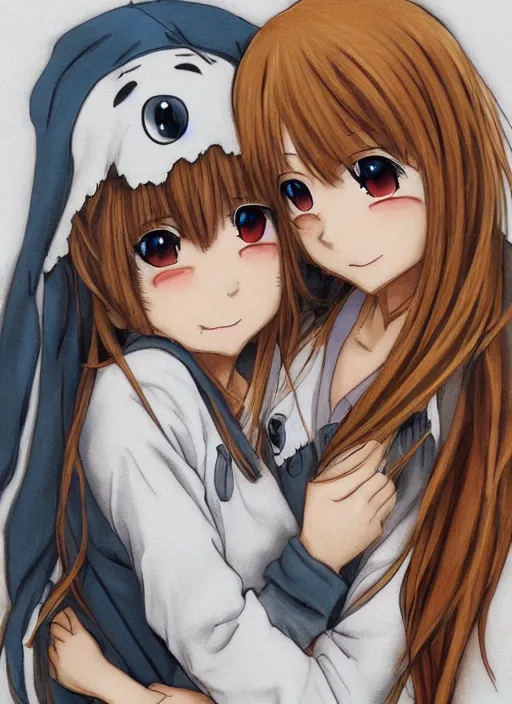 Image similar to highly detailed art of one blonde and one brown haired anime girl in onesies hugging each other looking at us, detailed eyes, happy, excited, digital art, cute, anime, detailed faces, well drawn faces, cute faces, hand drawn, 8 k, trending on artstation, official media