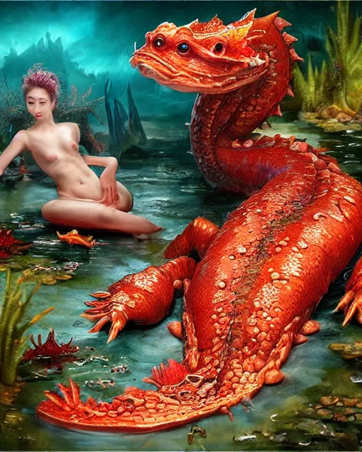 Image similar to ethereal, gorgeous, mysteriously beautiful giant huge kaiju sized pond dragon half fish half salamander, sea dragon, wet amphibious skin, red salamander, axolotl creature, koi pond, korean village by Ruan Jia and Gil Elvgren, fullbody