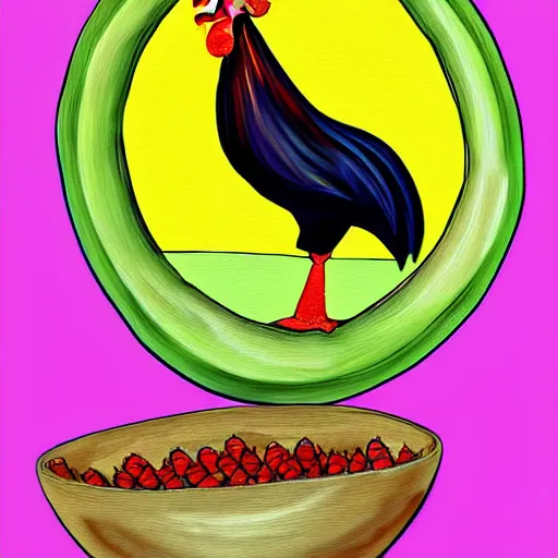 Prompt: fruit bowl with a rooster in the background, digital painting