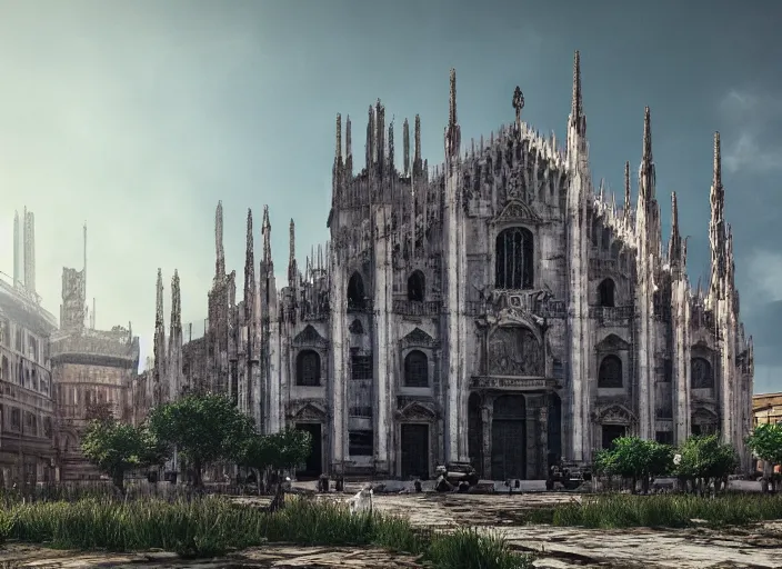 Image similar to duomo di milano post apocalyptic, vegetation, ultra realistic, insane details, cinematic, epic composition, unreal engine, octane render