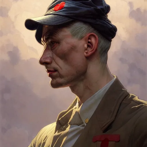 Image similar to socialist realism propaganda poster portrait of a sailor, socialist realism, highly detailed, intricate, digital painting, artstation, sharp focus, illustration, art by jakub rozalski, greg rutkowski, artgerm, tan zi and ayanamikodon and alphonse mucha and wlop