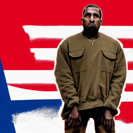 Image similar to Russian Propaganda Soviet illustrated poster of Kanye West as President standing in front of a USA America flag