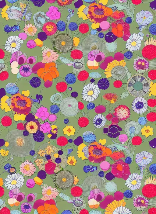 Image similar to multiverse of flowers, garden flowers pattern, berries, dragonflies, garden dwarfes by satoshi kon and greg rutkowski, 7 0's vintage sci - fi flat design