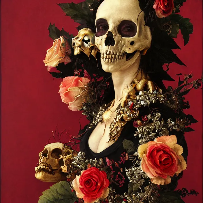 Image similar to portrait of a woman with a golden skull mask on face, a wreath of thorns, a dress of bones and roses, horns, snakes, smoke, flames, full-length, oil painting in a renaissance style , very detailed, red background, painted by Caravaggio, Greg rutkowski, Sachin Teng, Thomas Kindkade, Alphonse Mucha, Norman Rockwell, Tom Bagshaw.