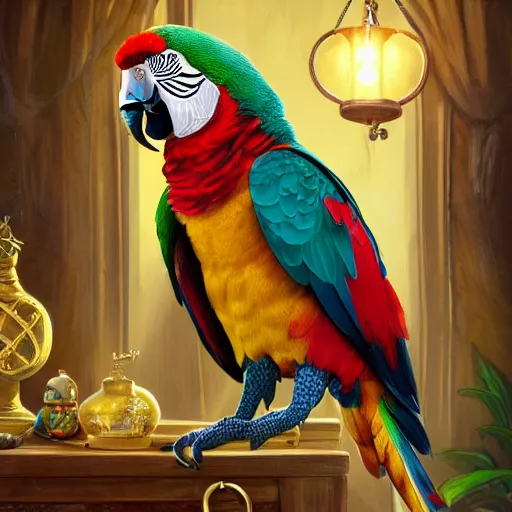 Prompt: a Anthropomorphized parrot trader in his shop, selling his wares, portrait, items, gold, carpet, window, presenting wares, holding a gold bag, D&D, fantasy, cinematic lighting, highly detailed, digital painting, artstation, concept art, smooth, sharp focus, illustration, warm light, cozy warm tint, magic the gathering artwork, volumetric lighting, 8k, art by Akihiko Yoshida, Greg Rutkowski