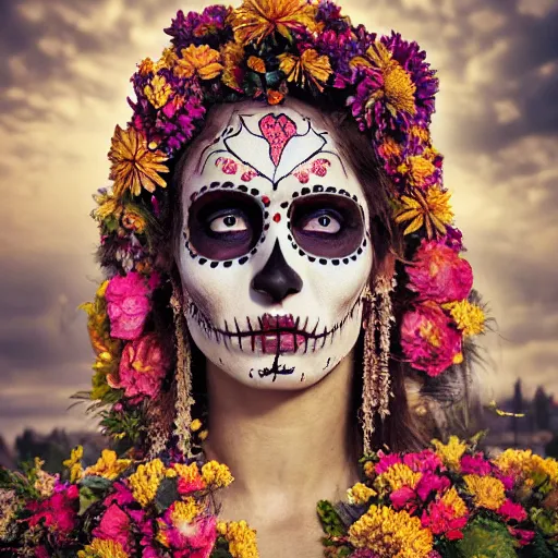Prompt: photo portrait of a beautiful day of the dead female, depth of field, zeiss lens, detailed, symmetrical, centered, by edward robert hughes, connor hibbs, annie leibovitz and steve mccurry, david lazar, jimmy nelsson, breathtaking, 8 k resolution, extremely detailed, beautiful, establishing shot, artistic, hyperrealistic, beautiful face, octane render