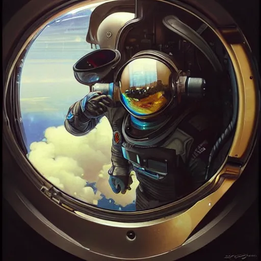 Image similar to a close up painting of an astronaut floating in space. his helmet visor is dark and reflective. you can see the reflection of the photographer in his helmet visor. by artgerm and greg rutkowski and alphonse mucha