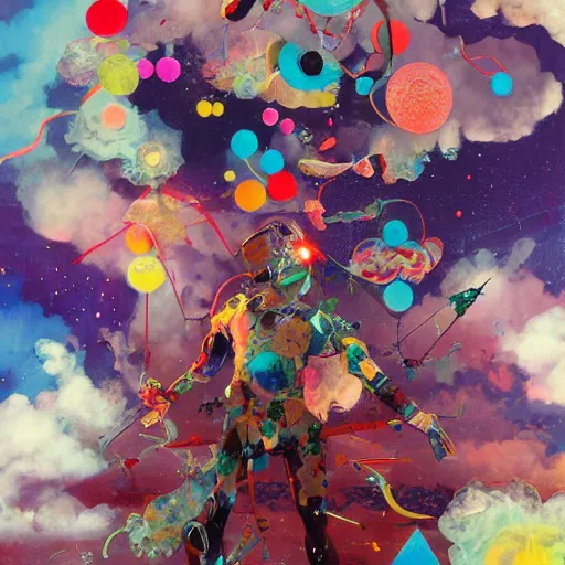 Prompt: surreal gouache painting, by yoshitaka amano, by ruan jia, by conrad roset, by kilian eng, by good smile company, incredibly detailed, of floating molecules and a mannequin artist holding an icosahedron with stars, clouds, and rainbows in the background, cgsociety, retrowave, modular patterned mechanical costume headpiece