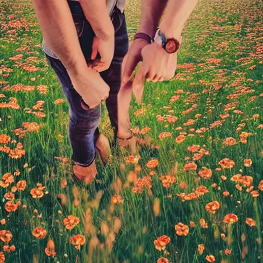 Image similar to a gay couple holding hands in a field of flowers at sunset, realistic, intricate, 4k