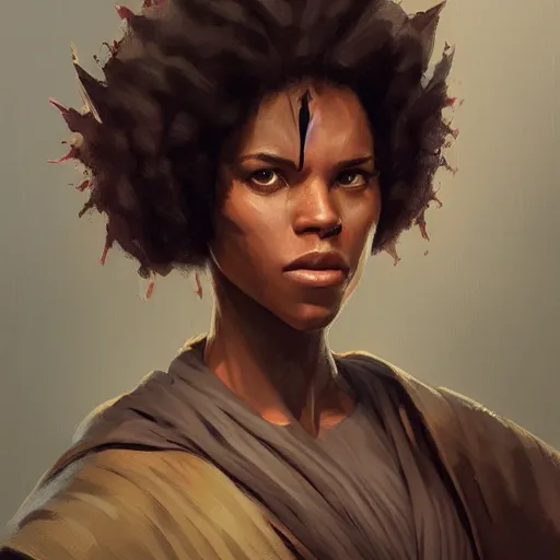 Prompt: portrait of a woman by greg rutkowski, young jedi knight, black, afro hair, pretty, star wars expanded universe, she is about 2 0 years old, wearing jedi robes, highly detailed portrait, digital painting, artstation, concept art, smooth, sharp foccus ilustration, artstation hq