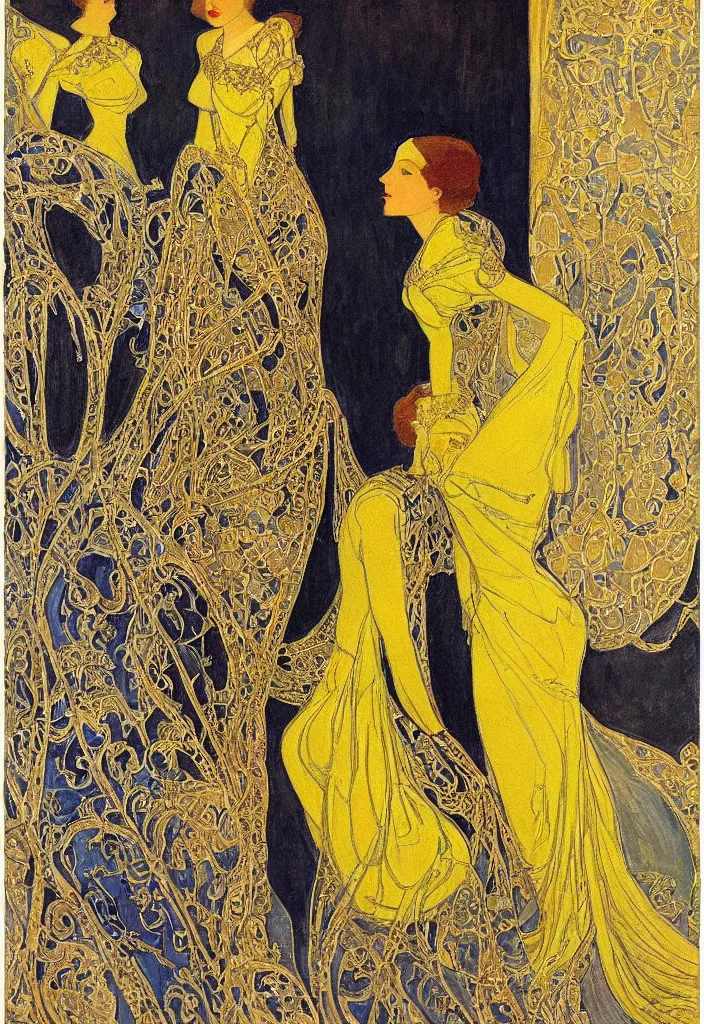 Image similar to a young woman looks deeply into the viewer, 1920's london street, art nouveau, extravagant fashion, intricate yellow dress with gold trims, lacey, dark streets, grungy, style of and Gustav Klimpt, color painterly