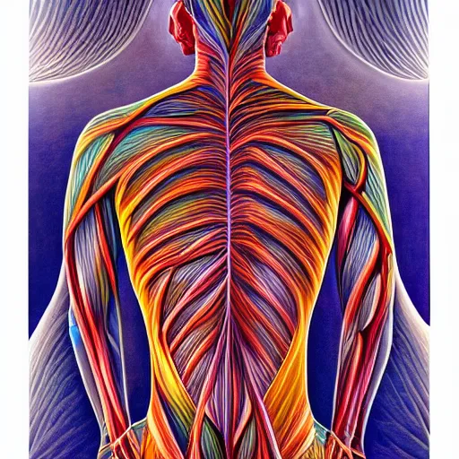 Prompt: anatomy image of a human muscle structure, art airbrush painting by alex grey