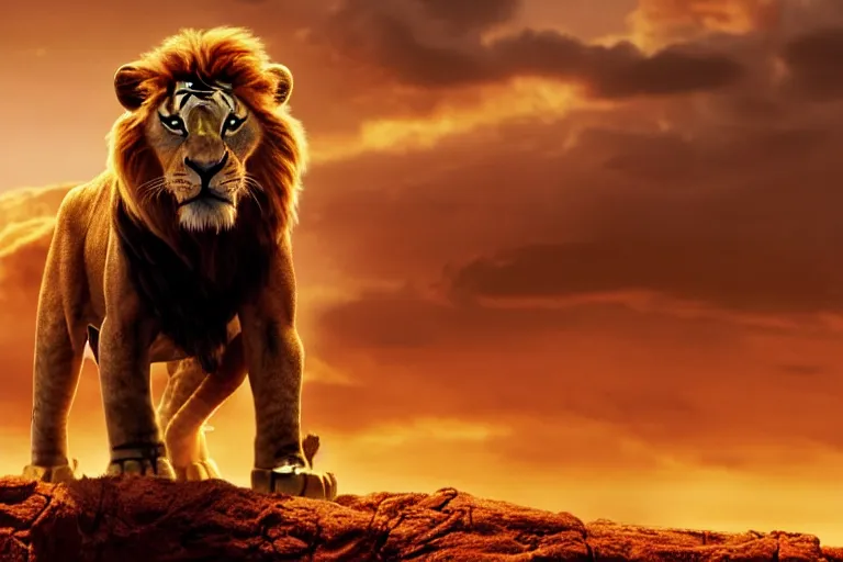 Image similar to simba ( from the lion king ), heavily armed and armored facing down armageddon in a dark and gritty version from the makers of mad max : fury road : witness me