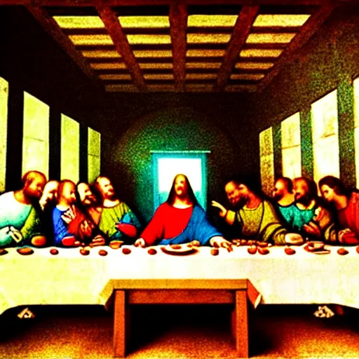 Image similar to a futuristic holographic art piece of The Last Supper by Leonardo da Vinci
