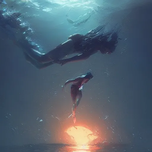 Image similar to falling into the deep, drowning, artstation, 4k, by greg rutkowski,