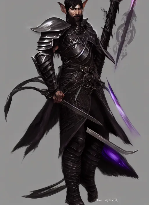 Image similar to Half-body portrait of an elven warrior with black hair and black facial hair in black armour holding a purple sword. In style of Hyung-tae Kim and Greg Rutkowski, concept art, trending on ArtStation, Korean MMORPG, over-detailed art, 4K, epic, dynamic lightning, dramatic pose.