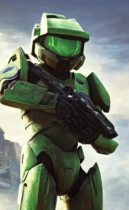 Image similar to eevee pokemon playing as master chief, oil on canvas, intricate, 8 k highly professionally detailed, hdr, cgsociety