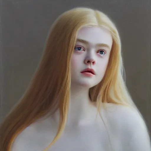 Prompt: Painting of Elle Fanning dreaming, long blonde hair, delicate, pale milky white porcelain skin, by Quint Buchholz. 8K. Extremely detailed.