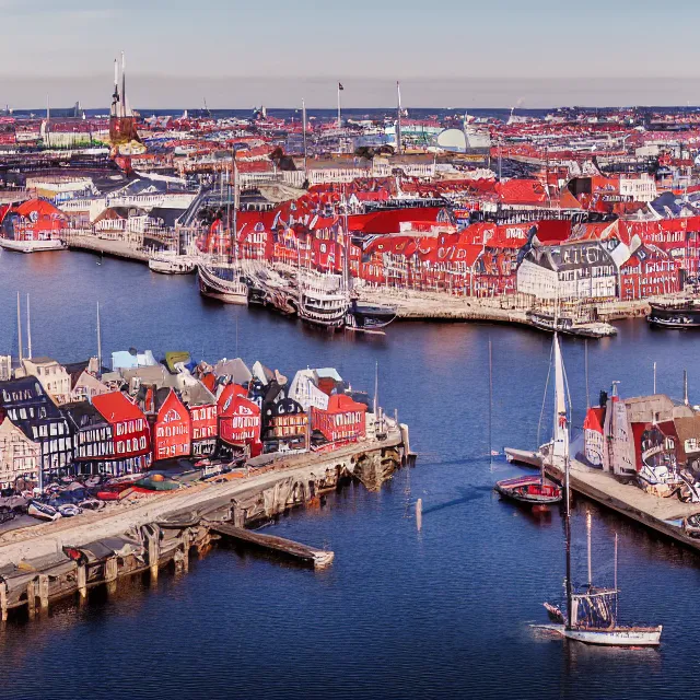 Prompt: copenhagen denmark with new england colonial buildings on a harbor, pink ice cream mountain in the distance, cinematic, volumetric, realistic, cinematic lighting, ray tracing, unreal engine 5, octane render, hyper realistic, photo, 8 k