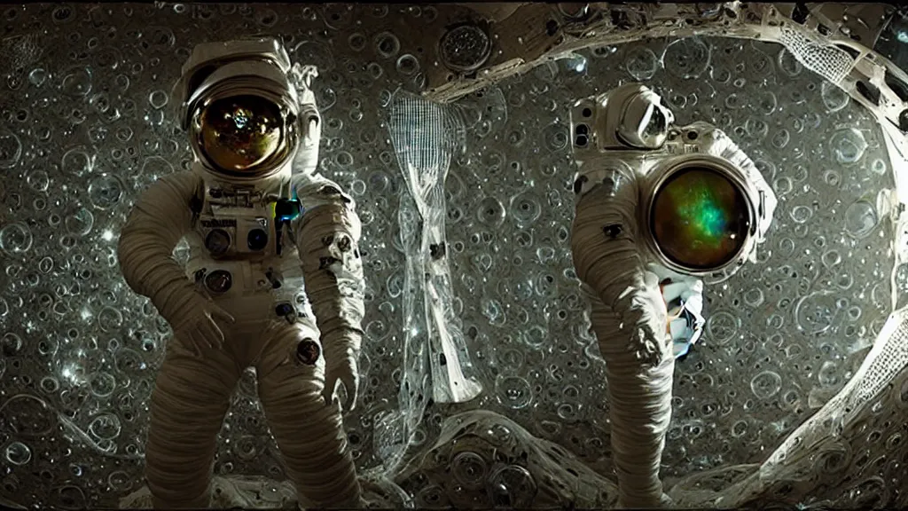 Image similar to a single astronaut eva suit covered in diamond 3d fractal lace iridescent bubble 3d skin and covered with insectoid compound eye camera lenses floats through the living room, film still from the movie directed by Denis Villeneuve with art direction by Salvador Dalí, wide lens,