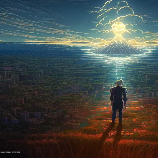 Image similar to the second coming of the prodigal son, by dan mumford, yusuke murata, makoto shinkai, ross tran, cosmic, heavenly, god rays, intricate detail, cinematic, 8 k, cel shaded, unreal engine, featured on artstation, pixiv