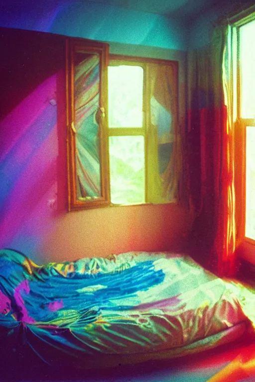 Image similar to agfa vista 4 0 0 photograph of a cluttered 9 0 s teenagers psychedelic 1 9 6 7 rock hippie bedroom, waves ripple color light, synth vibe, window, bed, surrealistic pillow, blur, lsd color patterns, vaporwave colors, lens flare, moody lighting, telephoto, lsd vibe, blurry background, grain, tranquil, calm, lsd hallucinations