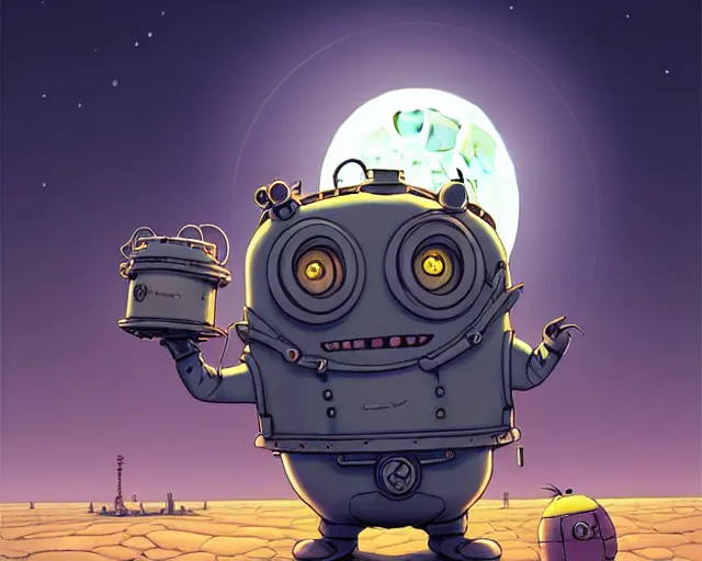 Prompt: a cell shaded cartoon grey lovecraftian mechanized minion from howl's moving castle ( 2 0 0 4 ), with a big head, on a desert road, wide shot, in front of a big moon, muted colors, post grunge, josan gonzales, wlop, by james jean, victor ngai, hq, deviantart, art by artgem