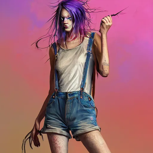 Prompt: A portrait of a grungy woman with rainbow hair, soft eyes and narrow chin, dainty figure, long hair straight down, torn overalls, short shorts, fish net stockings, combat boots, basic white background, side boob, in the rain, wet shirt, style by Jordan Grimmer and greg rutkowski, crisp lines and color, dark and mysterious, lively atmospheric, cinematic, 8k, 4k, ultra detail, ultra-realistic, rendered by Artstation,