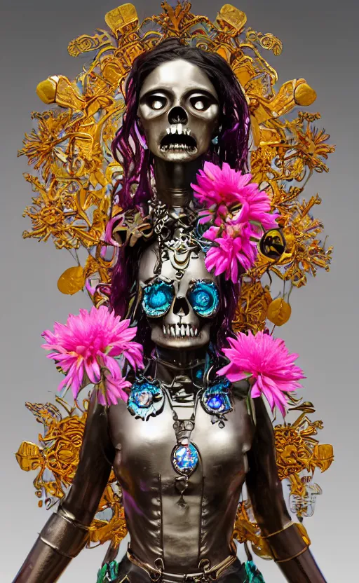 Prompt: a young beautiful angry latina ceramic and pink iron-plated android with a large glowing blue crystal in the center of her chest, full-body bronze cyberpunk style statue of Venus with glowing yellow laser eyes, crown of mechanical chrysanthemums, flowing aqua silk, fabric, steampunk flowers. baroque elements, human skull. full-length view. baroque element. intricate artwork by caravaggio. many flying horses on background. Trending on artstation, octane render, cinematic lighting from the right, hyper realism, octane render, 8k, depth of field, 3D