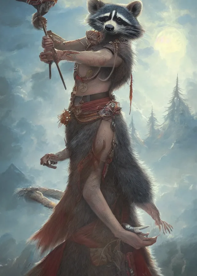 Image similar to a beautiful hyper realistic detailed painting of the sacred spirit raccoon who protect these land, by tom bagshaw, ross tran and bayard wu, inspired by dragon age inquisition