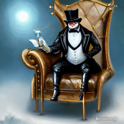 Image similar to oil painting of grumpy rich steampunk penguin, sitting in fancy chair, wearing top hat, holding gold watch, steampunk factory background, sharp focus, fantasy style, octane render, volumetric lighting, 8k high definition, by greg rutkowski, highly detailed, trending on art Station, magic the gathering artwork, centered, deviantart,