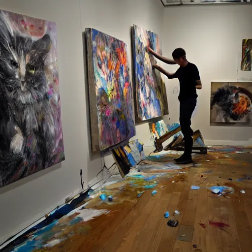 Prompt: An artist is standing in his studio furiously throwing paint around, in the background you can see numerous canvases with simple cat drawings