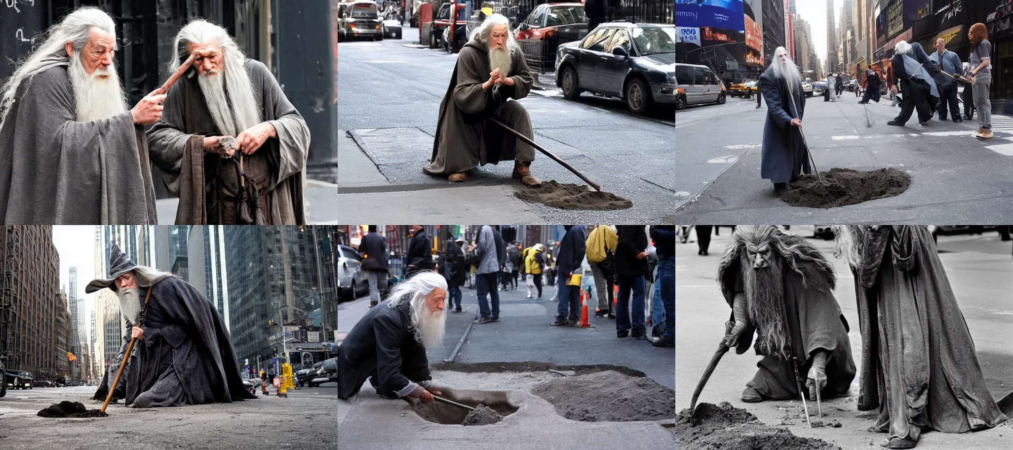 Prompt: gandalf digging a hole on the streets of new york