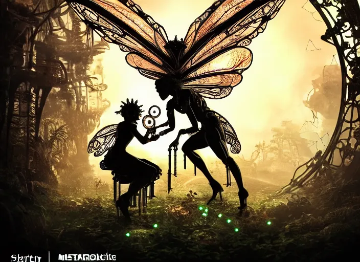 Image similar to silhouette of an intricate mechanical fairy with visible gears having tea with a cyborg winged horned demon medusa in a magical forest. Very detailed 8k. Fantasy cyberpunk horror. Sharp. Cinematic post-processing