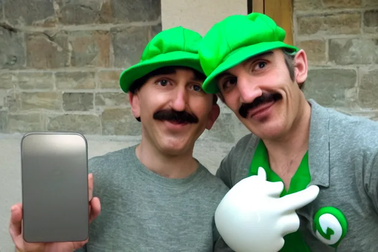 Prompt: real life luigi holding an iphone