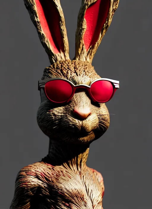 Prompt: rabbit groot as marble statue, red sunglasses, in red background, soft red texture, red realistic 3 d render, high red lights, 4 k, high detailed photography red, 5 0 mm lens, rich red colors, smooth gradients, depth of field, cinematic, hyper realism, high detail, octane render, red lights, 8 k, very red lights