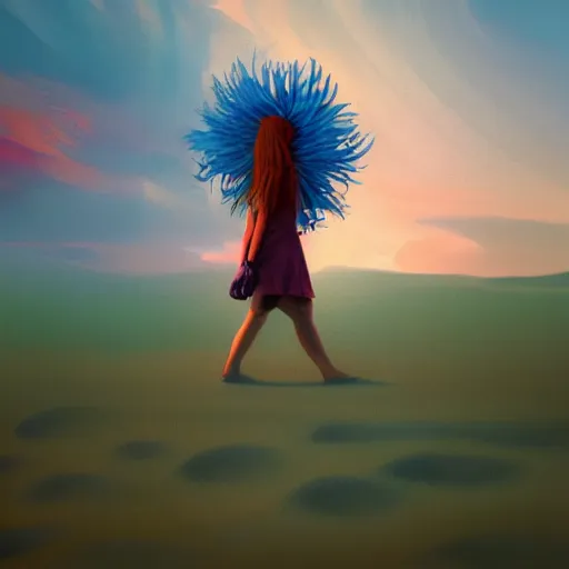 Image similar to closeup, giant dahlia flower as a head, a girl walking between dunes, surreal photography, sunrise, blue sky, dramatic light, impressionist painting, digital painting, artstation, simon stalenhag