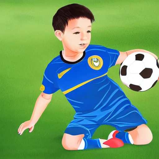 Image similar to a young boy wearing soccer clothes in the park, digital art