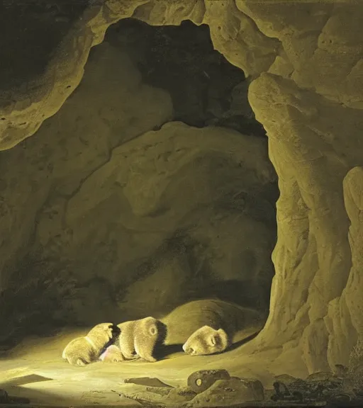 Prompt: looking into dark cave with a mother bear and her cubs sleeping, night time, artwork by Pieter Claesz