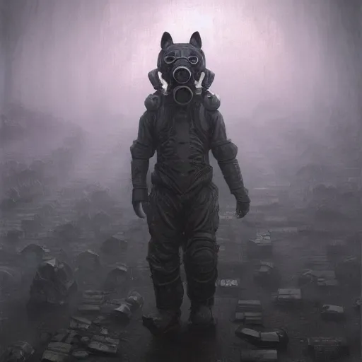 Prompt: power armor gasmask black armor, anthropomorphic shiba inu, shiba inu face, stuning 3 d render, masterpiece, glowing black aura, foggy dark graveyard, by donato giancola and greg rutkowski and wayne barlow and zdzisław beksinski, realistic face