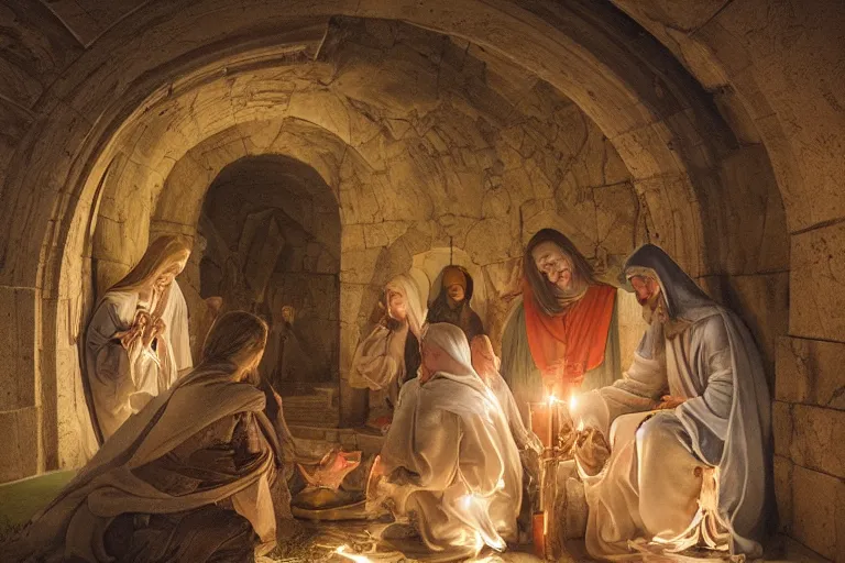 Prompt: inside the tomb of jesus, dark scene, light coming in from the left, small steps leading down, 3 marys crouching in colored robes at the tomb | medium close | fibonacci composition, by artgerm, sophie anderson, rubens